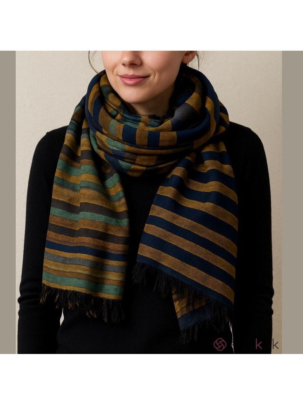 CRISTINA CHITI cotton wool scarf rectangle shape navy blue taupe made in Italy